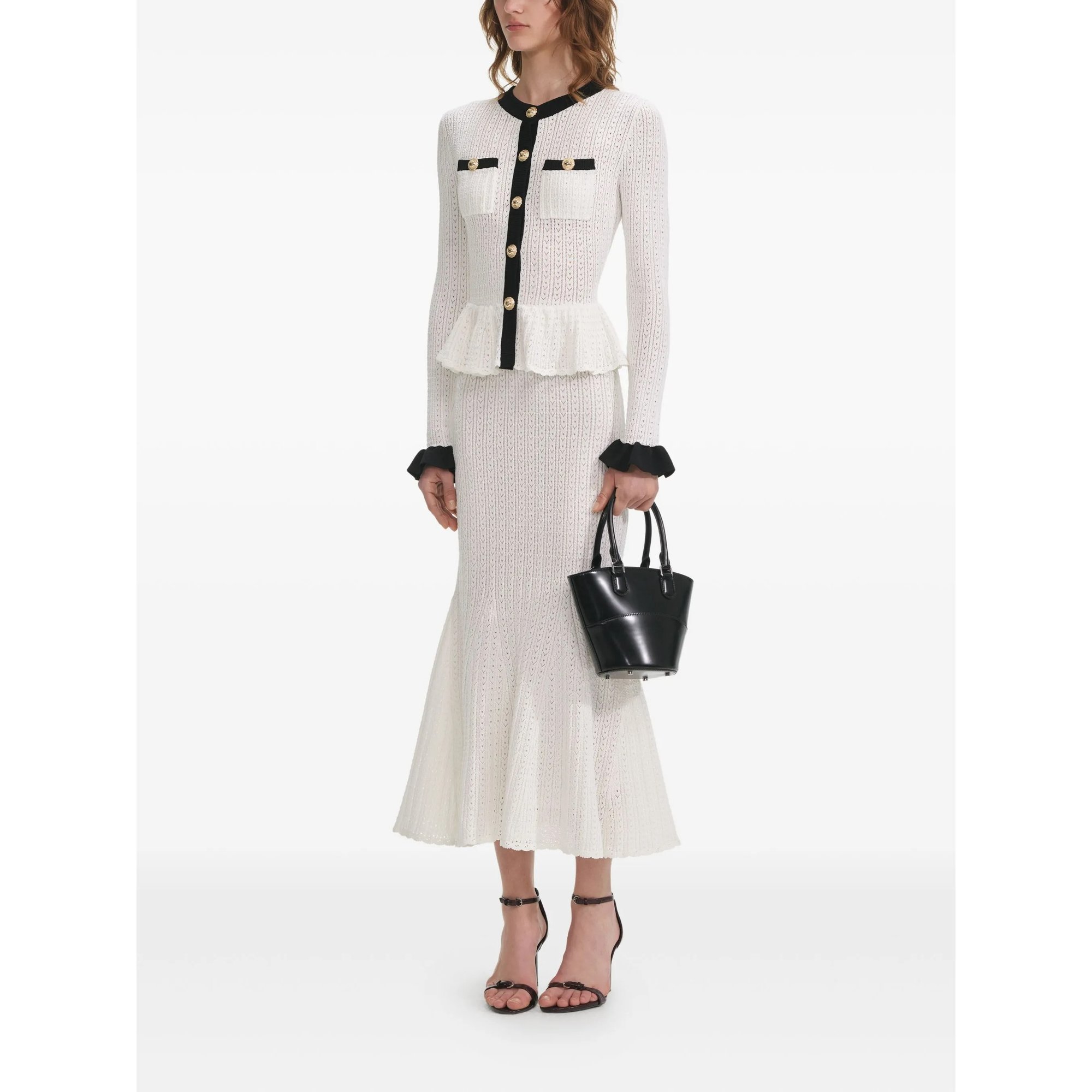 White Pointelle Knit Contrast Midi Dress SELF-PORTRAIT vista1