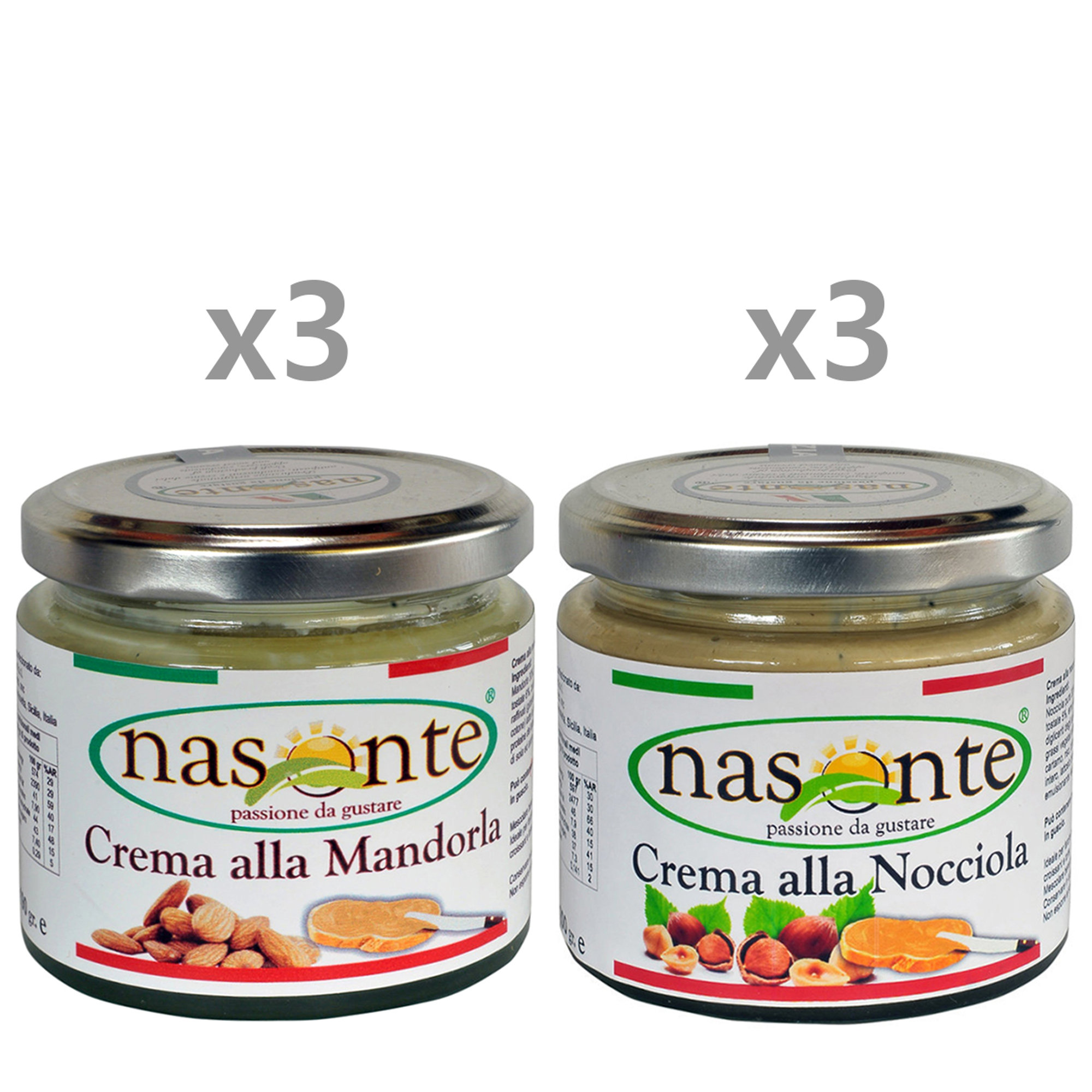 6 confezioni miste: 3 Crema Mandorle tostate 200 gr - 3 Crema Nocciole tostate 200 gr Nasonte vista0