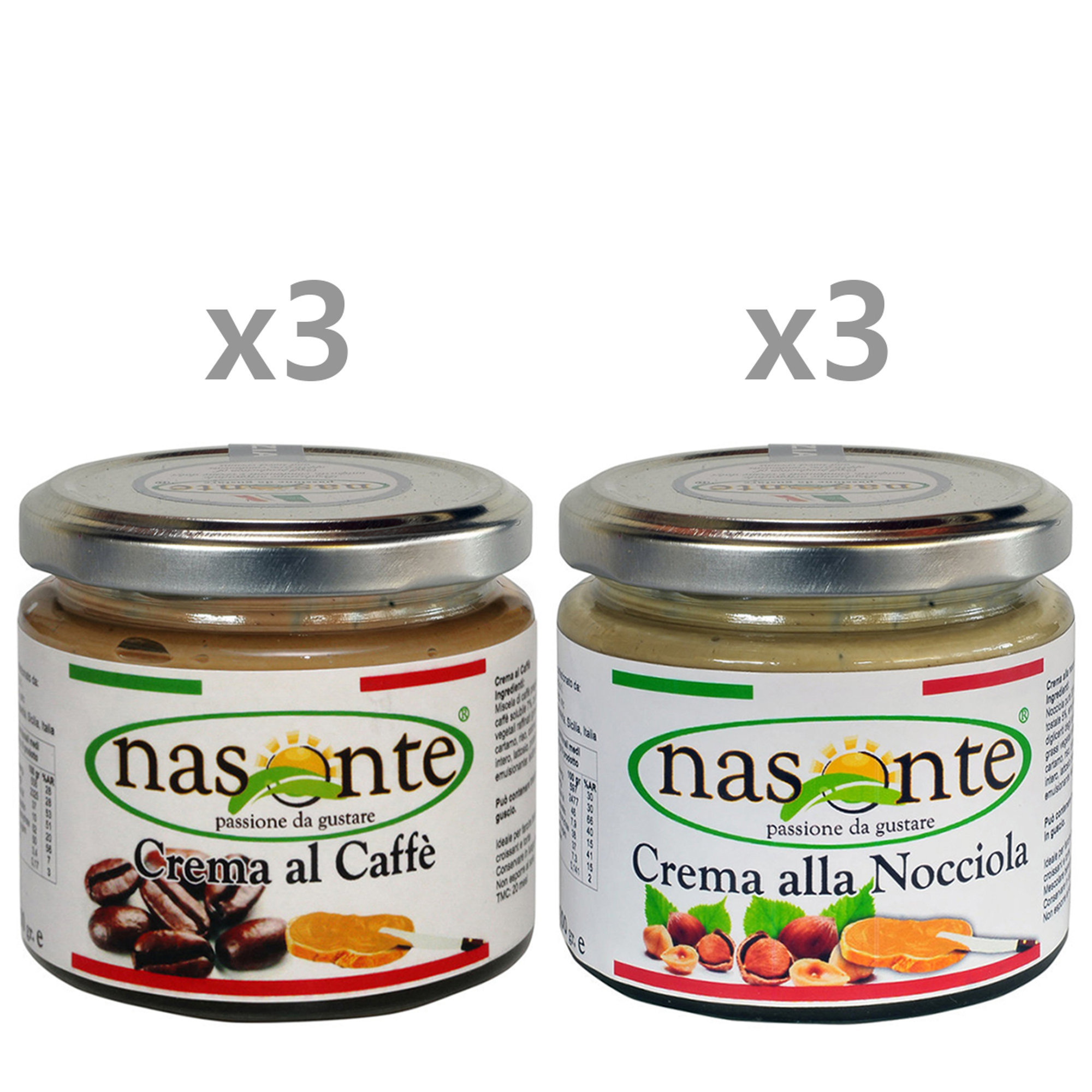 6 confezioni miste: 3 Crema al Caffè 200 gr - 3 Crema Nocciole tostate 200 gr Nasonte vista0