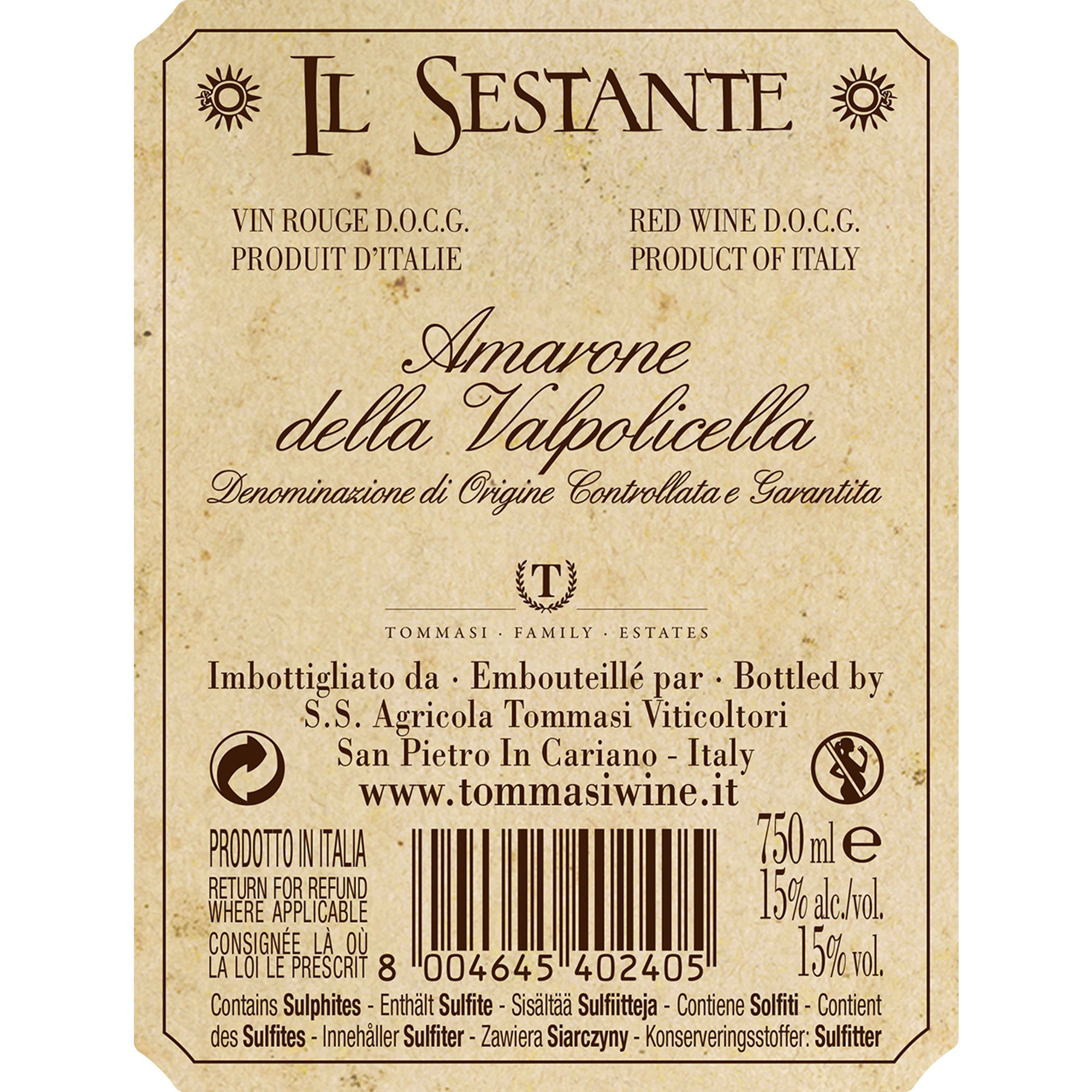 3 bouteilles - Amarone DOCG 2019 Sestante Tommasi vista1