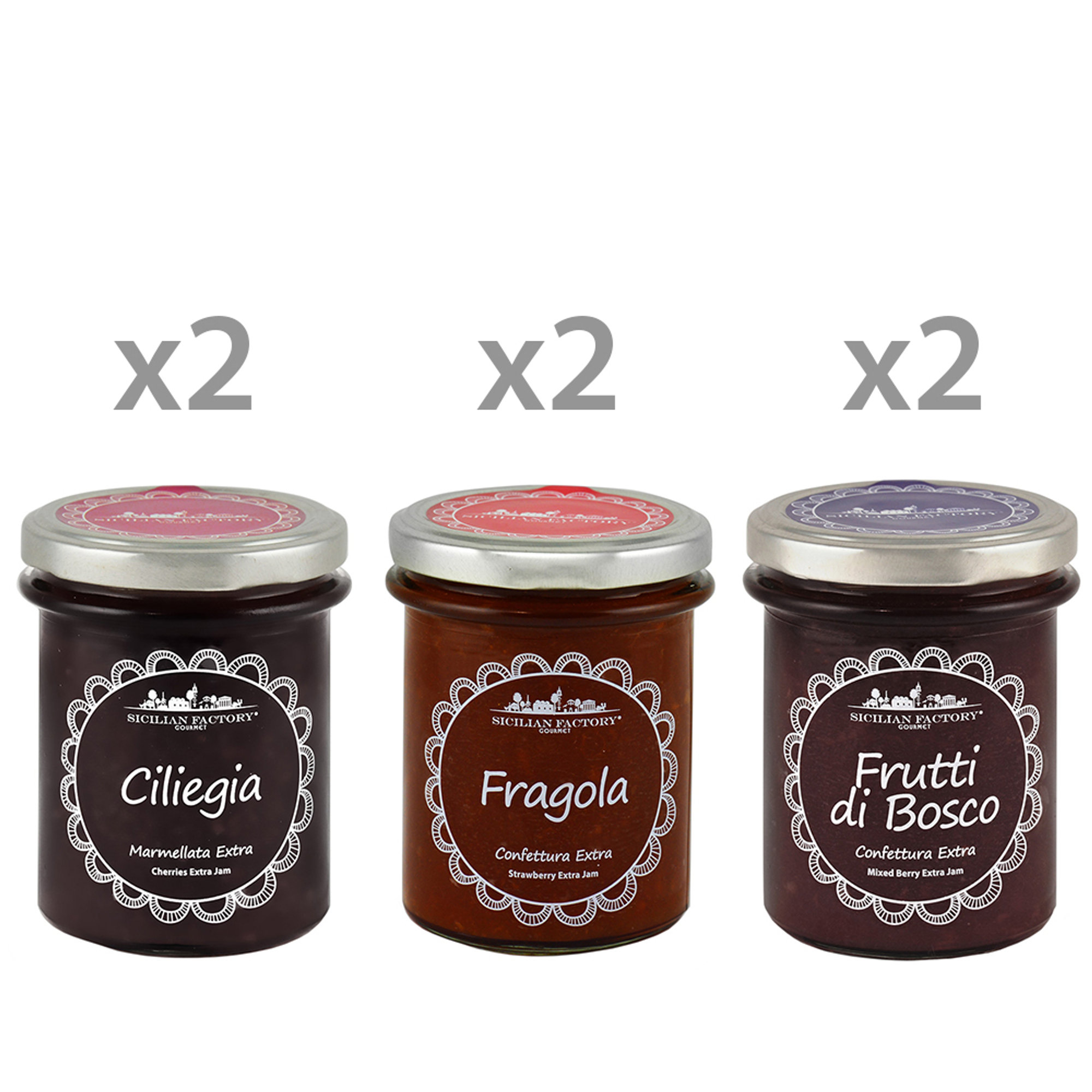 6 vasetti misti: 2 Confettura Extra Ciliegia - 2 Confettura Extra Fragola - 2 Confettura Extra Frutti di bosco Sicilian Factory vista0