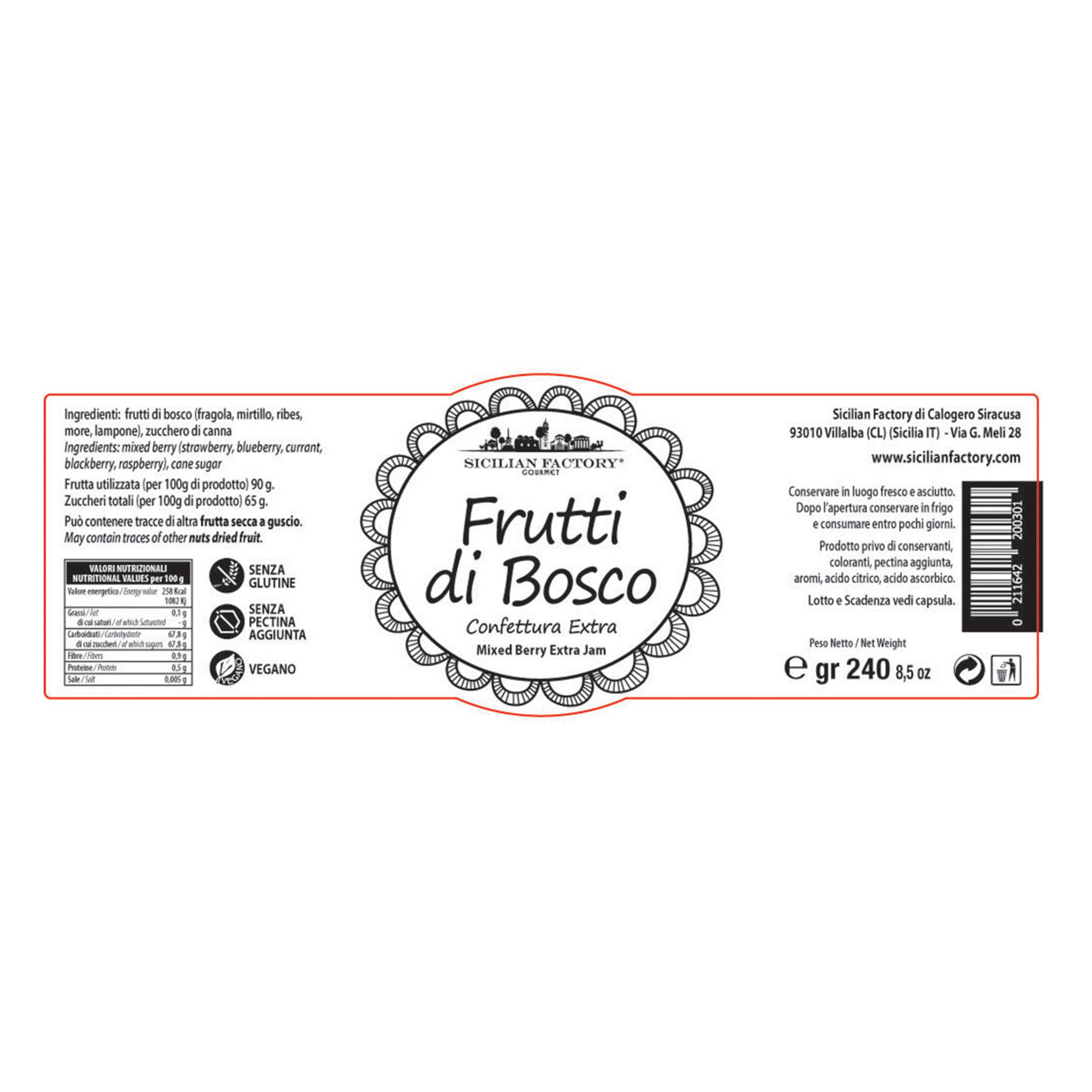 6 vasetti misti: 2 Confettura Extra Ciliegia - 2 Confettura Extra Fragola - 2 Confettura Extra Frutti di bosco Sicilian Factory vista6