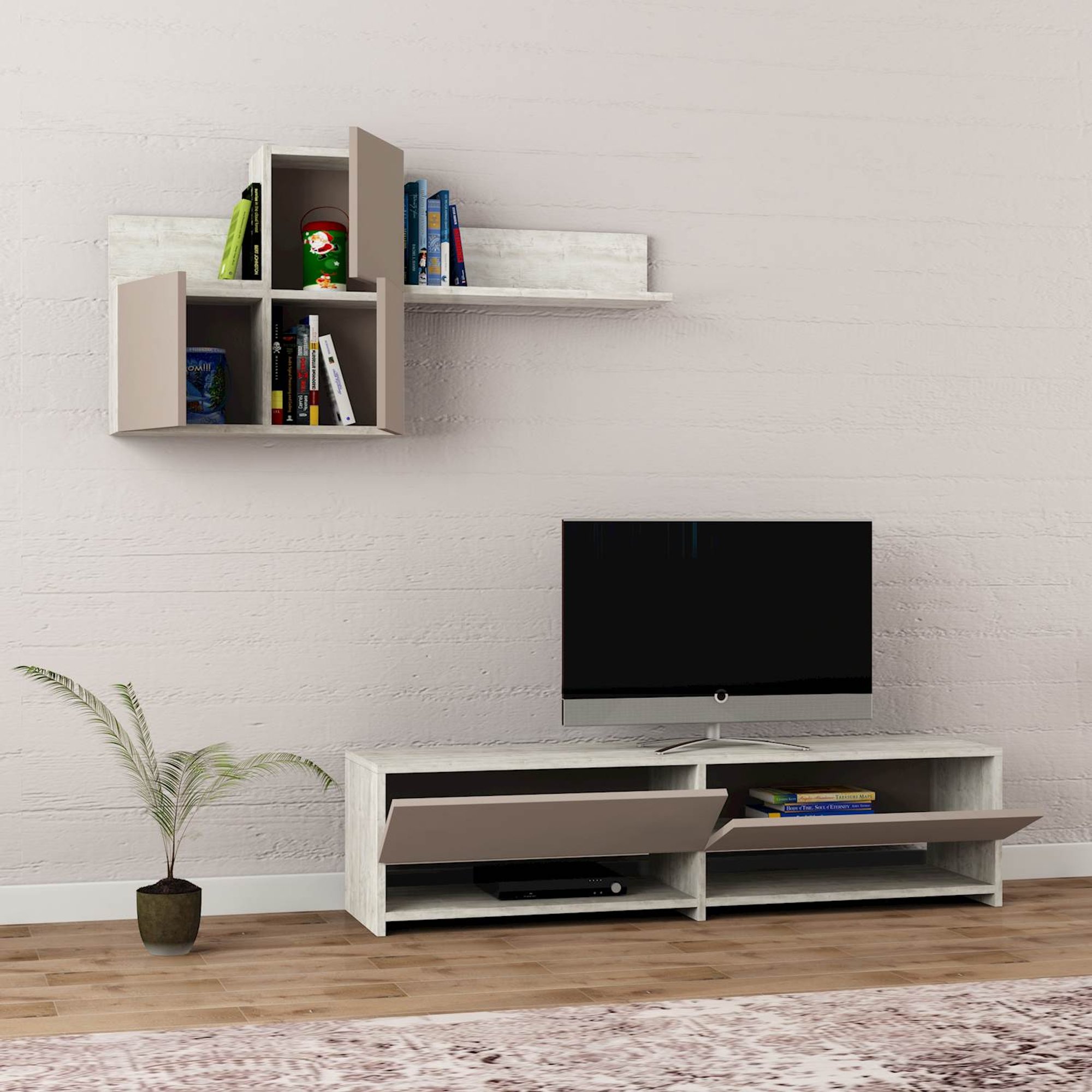 Mobile Tv Babu, patterned bianco/cappuccino Decortie vista1