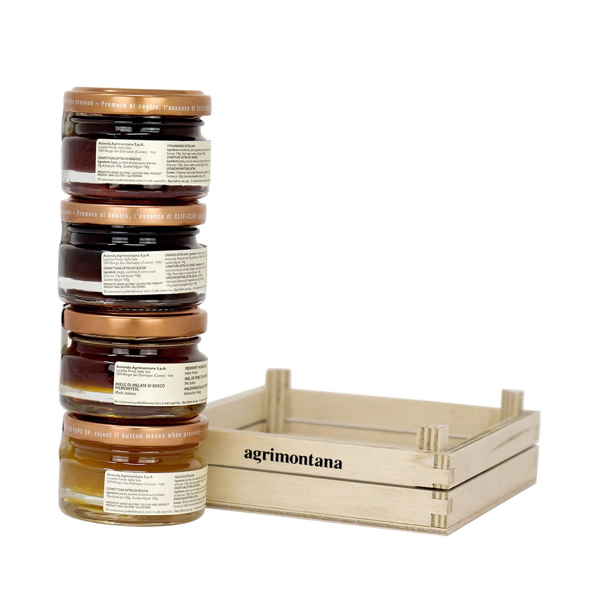 Cassetta in legno con 4 vasetti: 3 confetture - 1 miele Agrimontana vista3