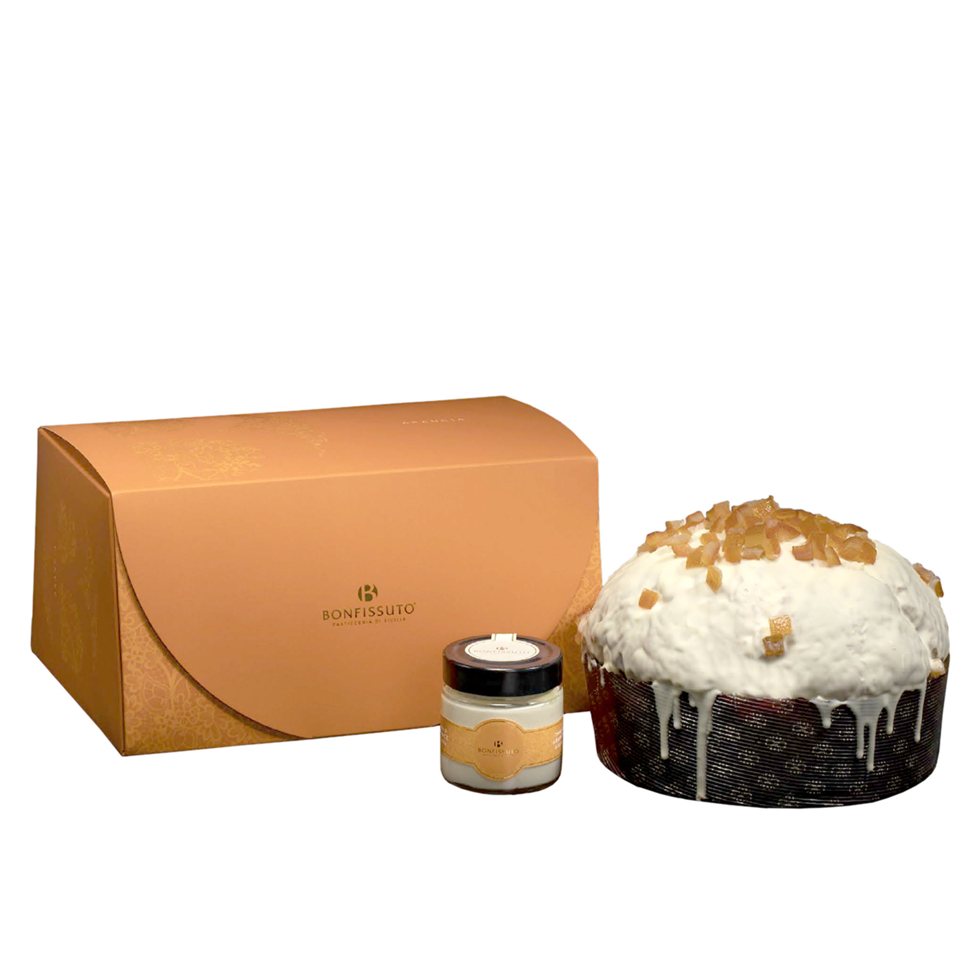 Confezione Arancia: panettone, crema di arance di Sicilia 200 gr e spalmino Bonfissuto Pasticceria di Sicilia vista0