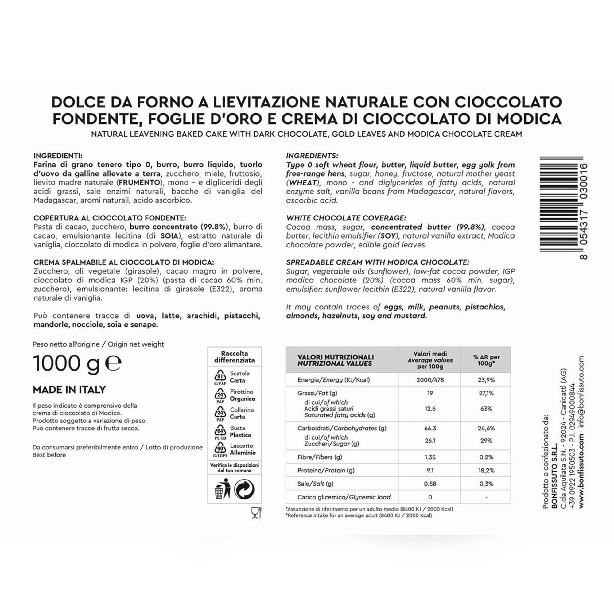 Confezione 18 carati: panettone, crema di cioccolato di Modica 200 gr e spalmino Bonfissuto Pasticceria di Sicilia vista1