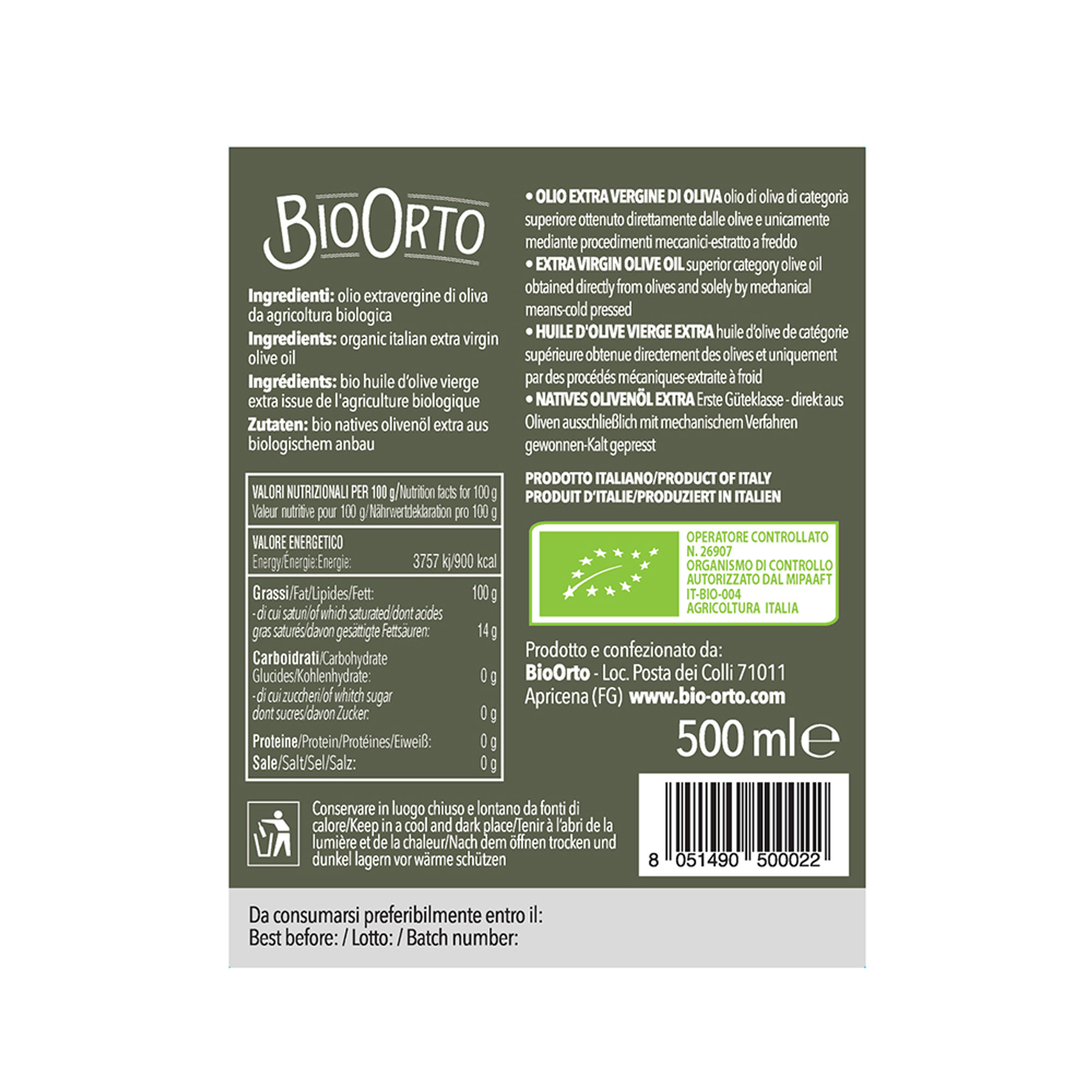 Olio Evo BIO 500 ml monocultivar Peranzana. Bio Orto vista1