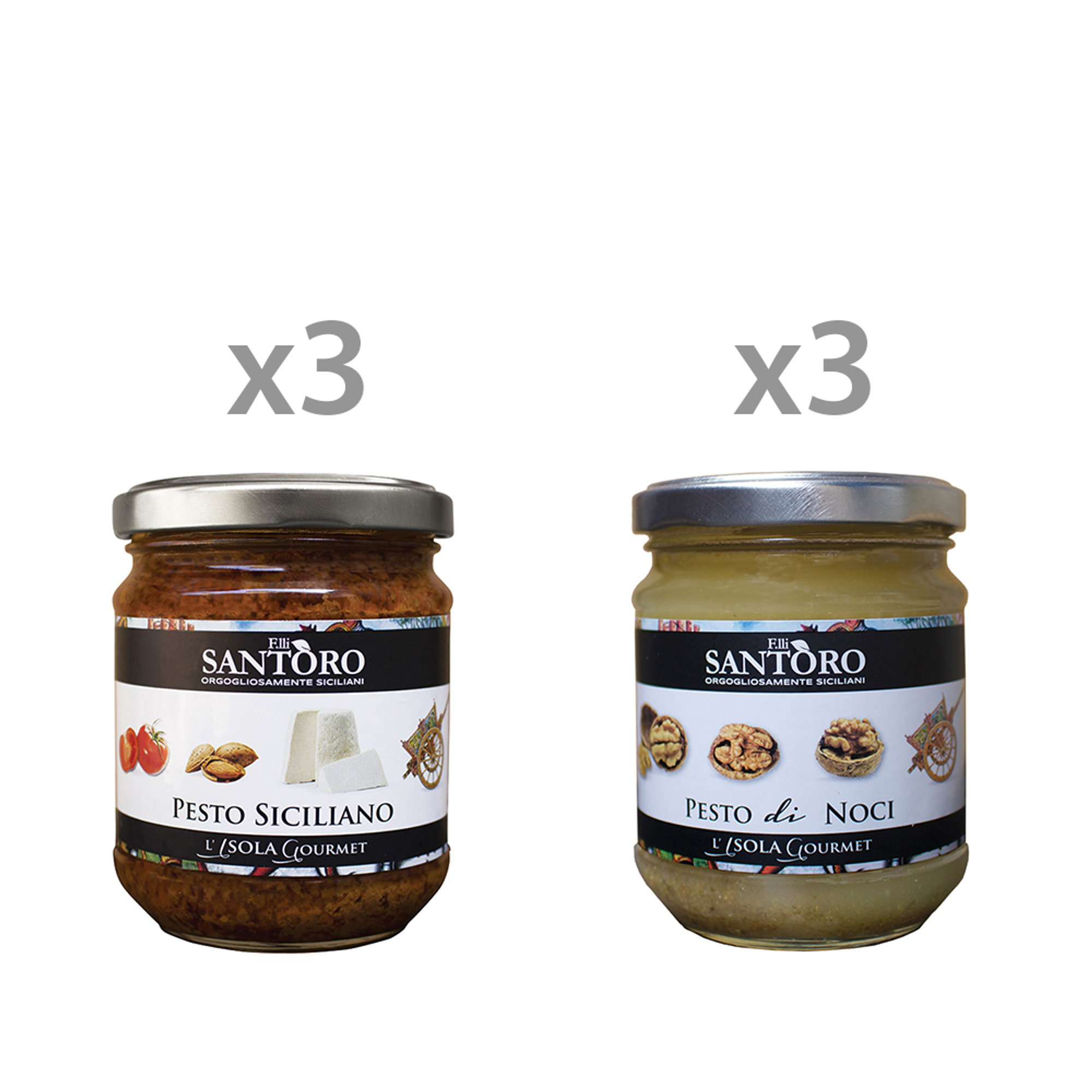 6 vasetti misti: 3 Pesto Siciliano - 3 Pesto di noci Santoro Conserve vista0