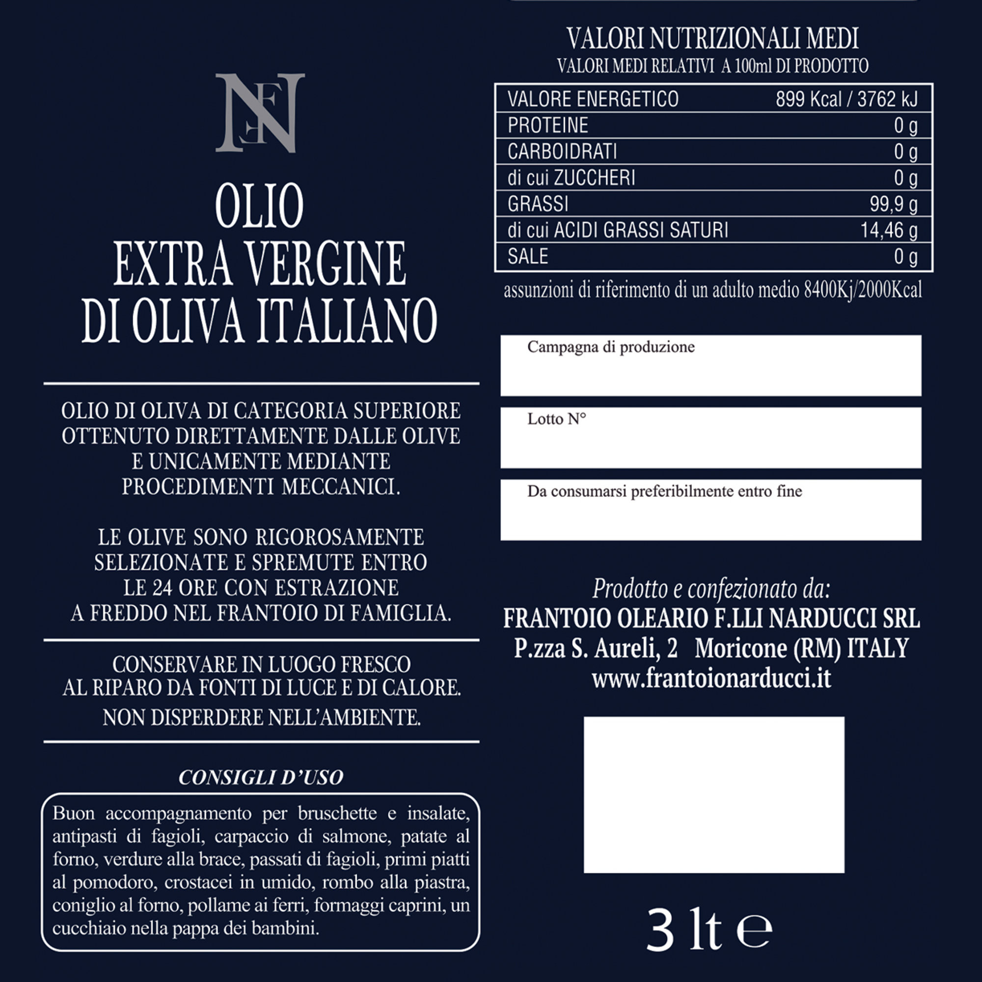 1 Kanister - EVO Öl Oliven-Etikett Grün 3 lt Frantoio Narducci vista1