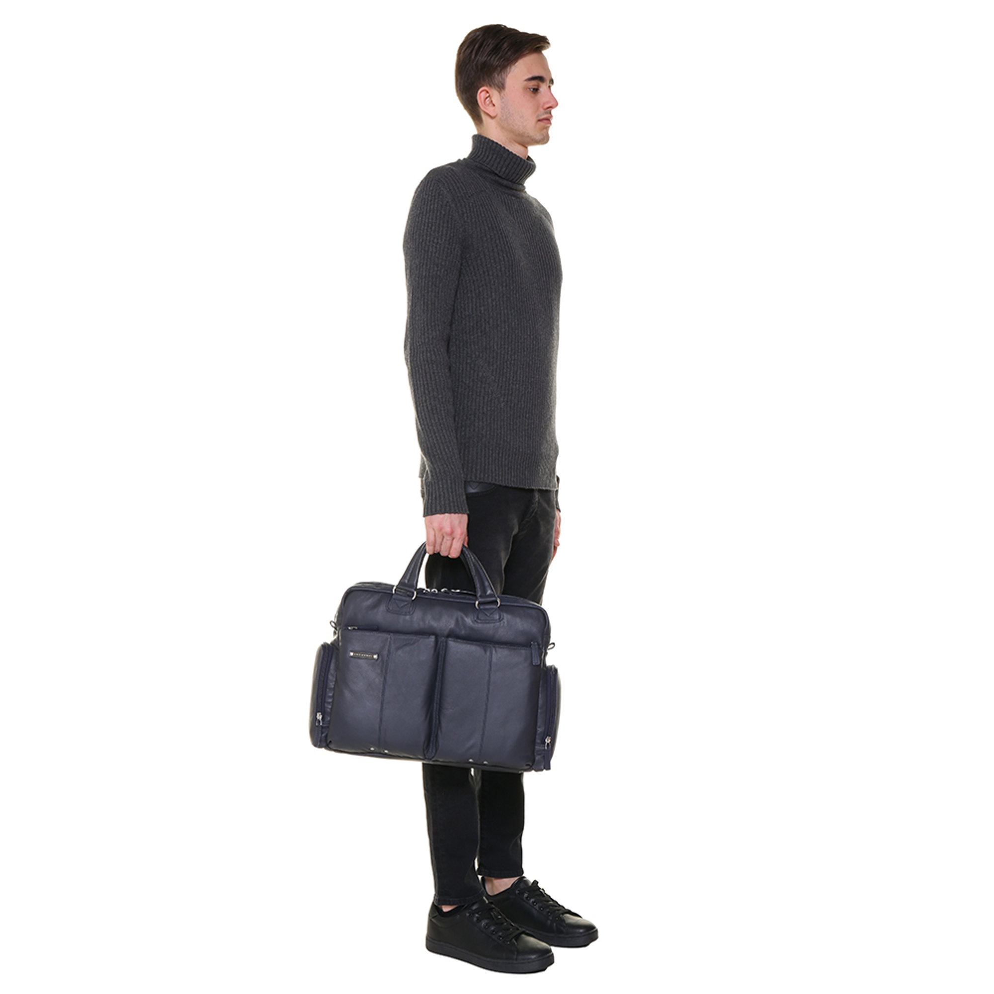 Cartella porta PC a due manici in pelle blu Piquadro vista1