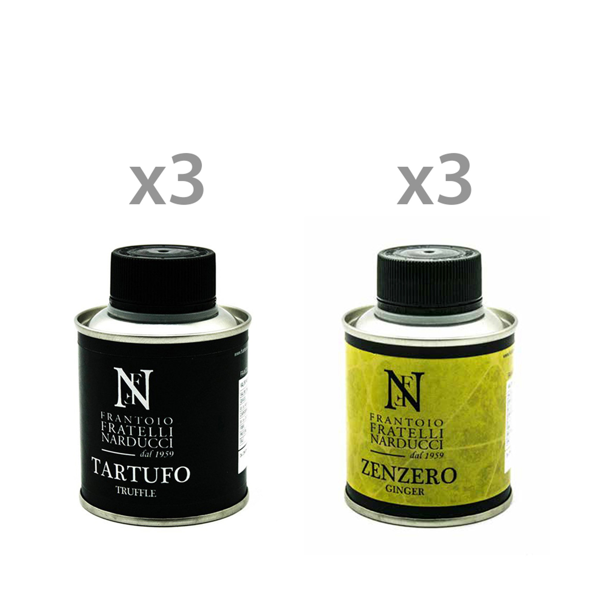 6 bottiglie miste: 3 Olio EVO al Tartufo - 3 Olio EVO allo Zenzero Frantoio Narducci vista0