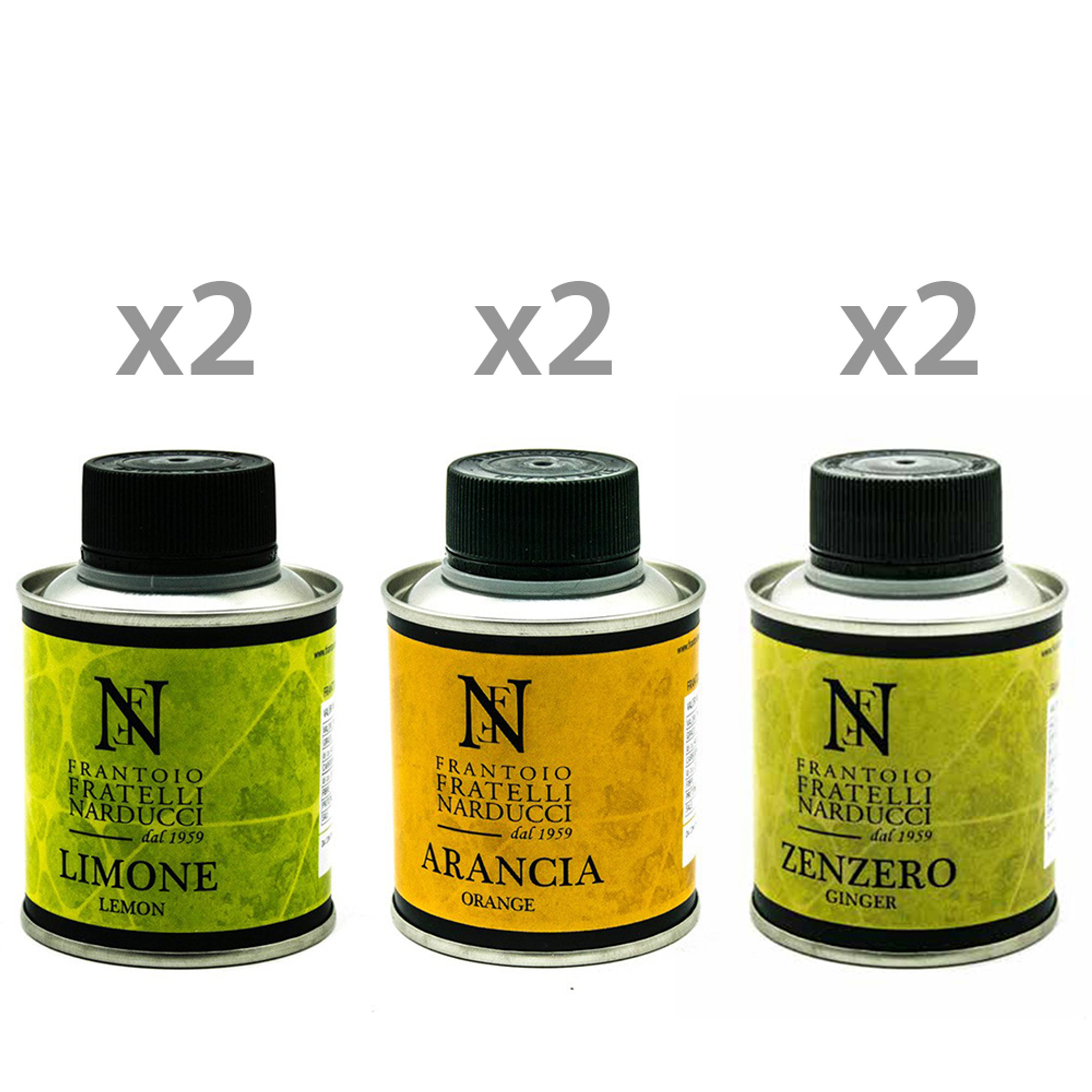 6 bottiglie miste: 2 Olio EVO al Limone - 2 Olio EVO all'Arancia - 2 Olio EVO allo Zenzero Frantoio Narducci vista0