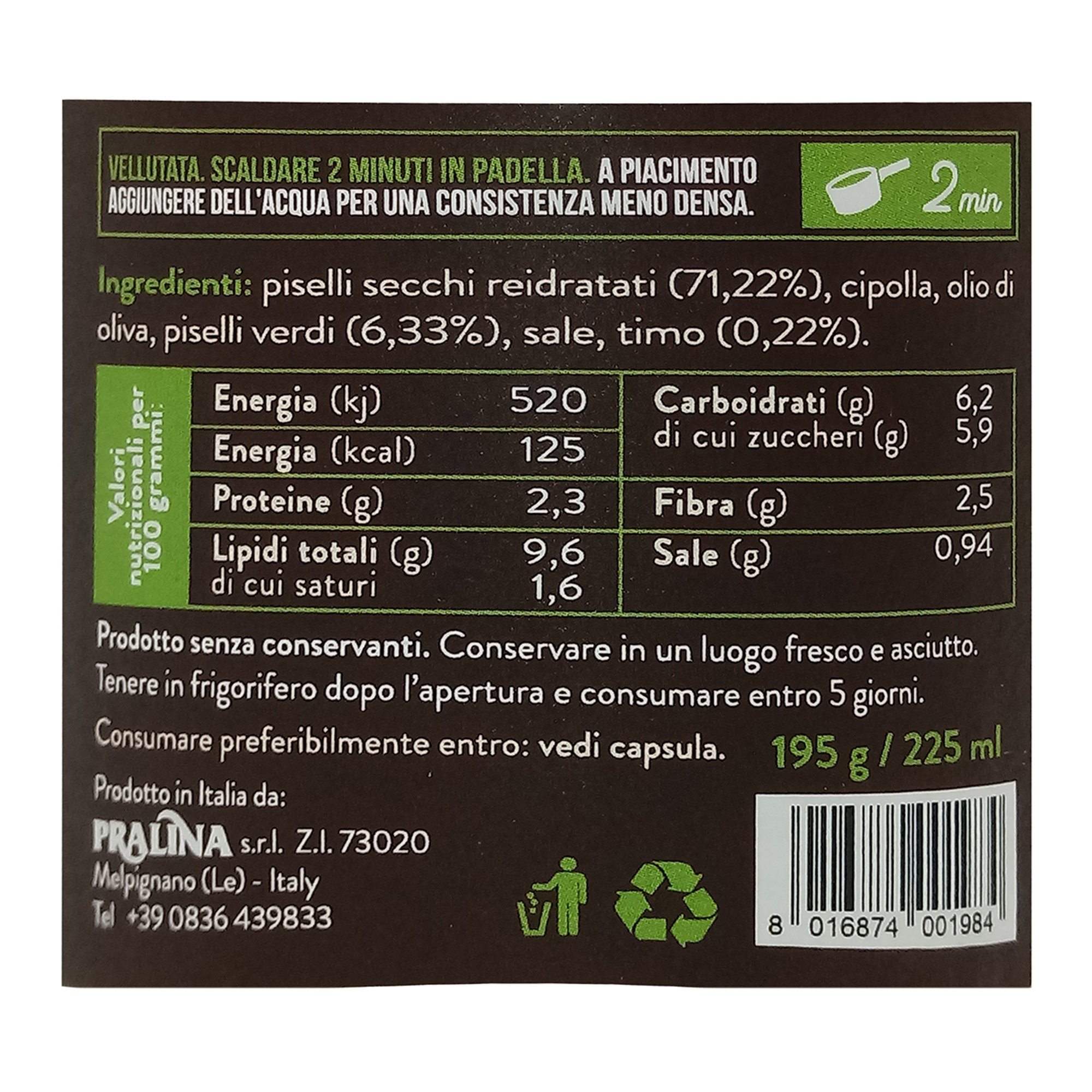 6 vasetti - Vellutata Piselli secchi verdi e Timo 195 gr Pralina vista1