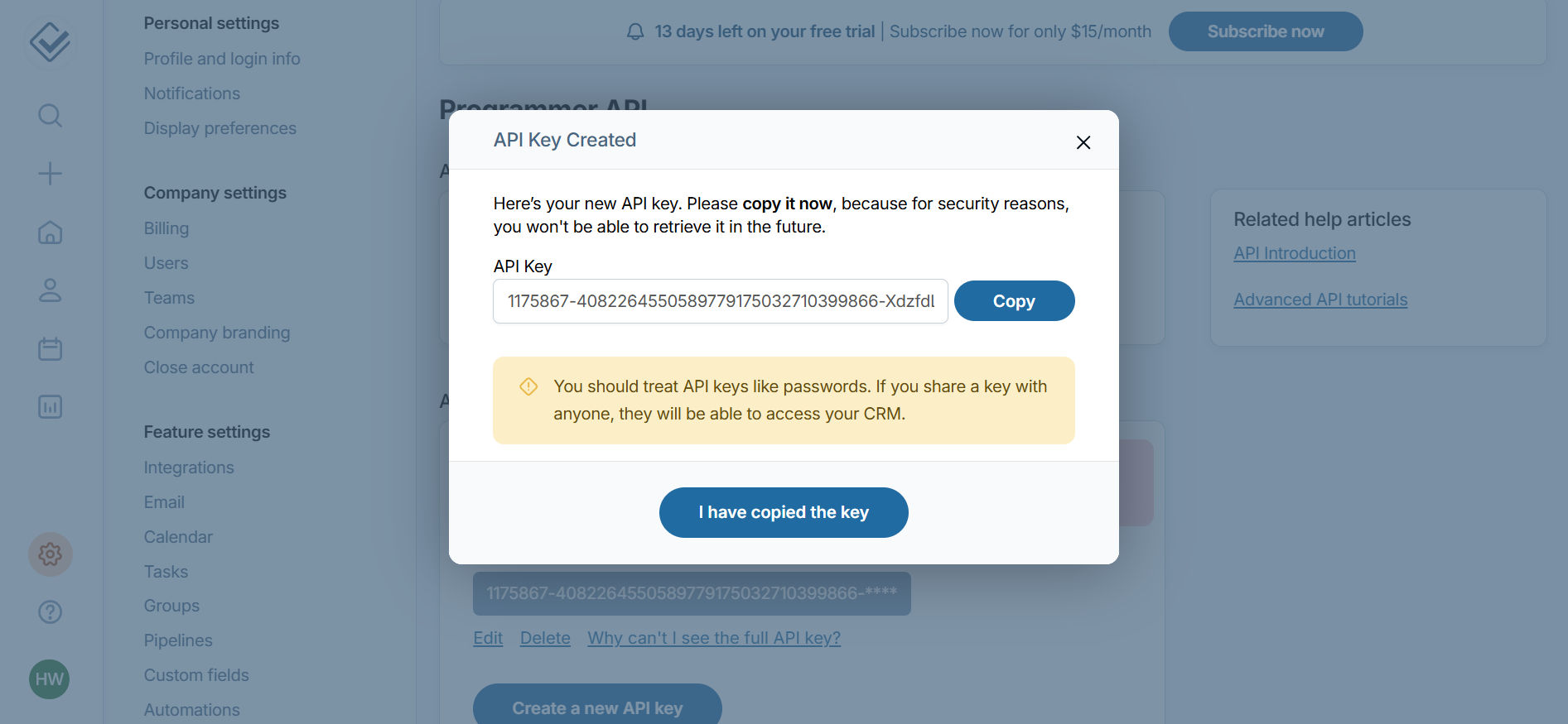 Generate API Key in LessAnnoyingCRM