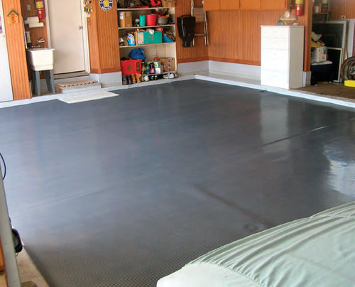 Any minor problems with your garage floor will be “swept under” this new polyvinyl covering.