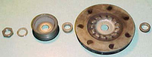 Photo 6. Pulley and spacers laid out from left to right as they were removed.