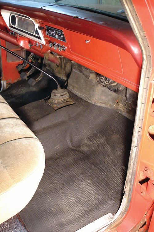 Before and after views show how easy it is to dress up an old truck cab by installing a new floor mat, polishing the paint and cleaning the vinyl dash pad.