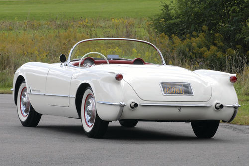 Slabsided, low and just far enough out of the norm, the Corvette represented a significant change for a member of the Big Three. The Corvette’s generally clean lines are easily seen in a rear view. It looks very different from a full-size 1954 Chevrolet.