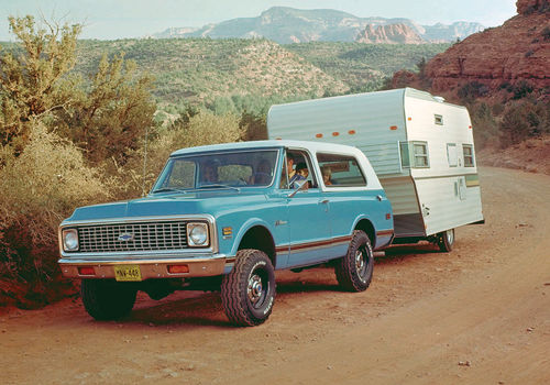 Or for some added comfort while you’re on the road, why not hitch a travel trailer behind a 1969 Chevrolet K5 Blazer like these folks did.