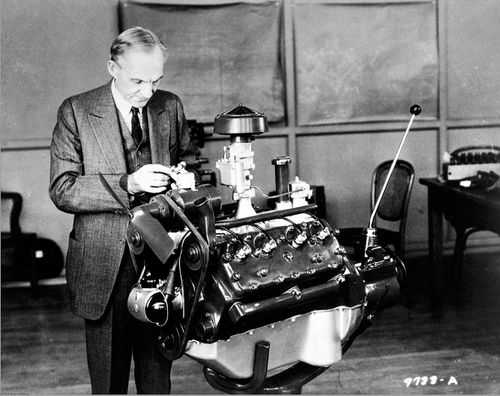 Here Ford is seen with his flathead V-8. The first engine of its type for the mass market.