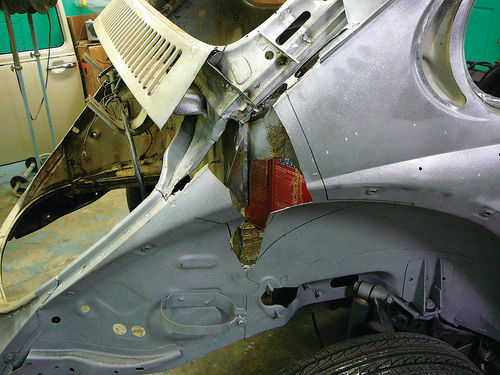 The passenger-side rear quarter on this VW Beetle was beyond salvaging and needed to be replaced.