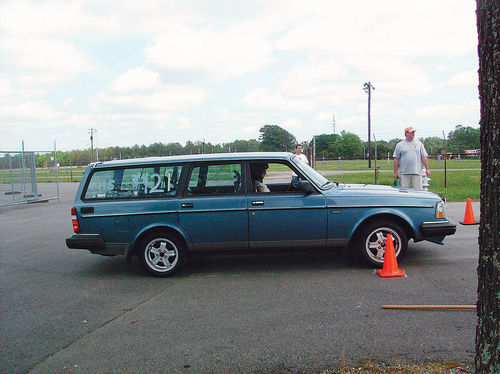 Daughter Amanda about to launch Buster the Volvo at Autocross, Richmond, Virginia 2012.