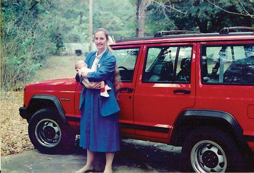 The author’s wife, Kim, with son Ian and the Cherokee in 1997. To the left is Ian, Kim and other son, Aidan, and the Cherokee, today.