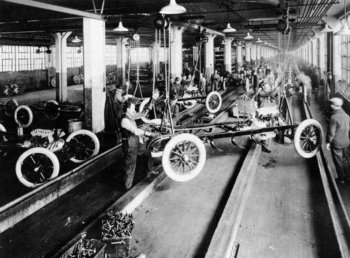 The Dodge Main assembly plant in 1916 adopted the moving assembly line pioneered by Henry Ford at his nearby Highland Park factory.