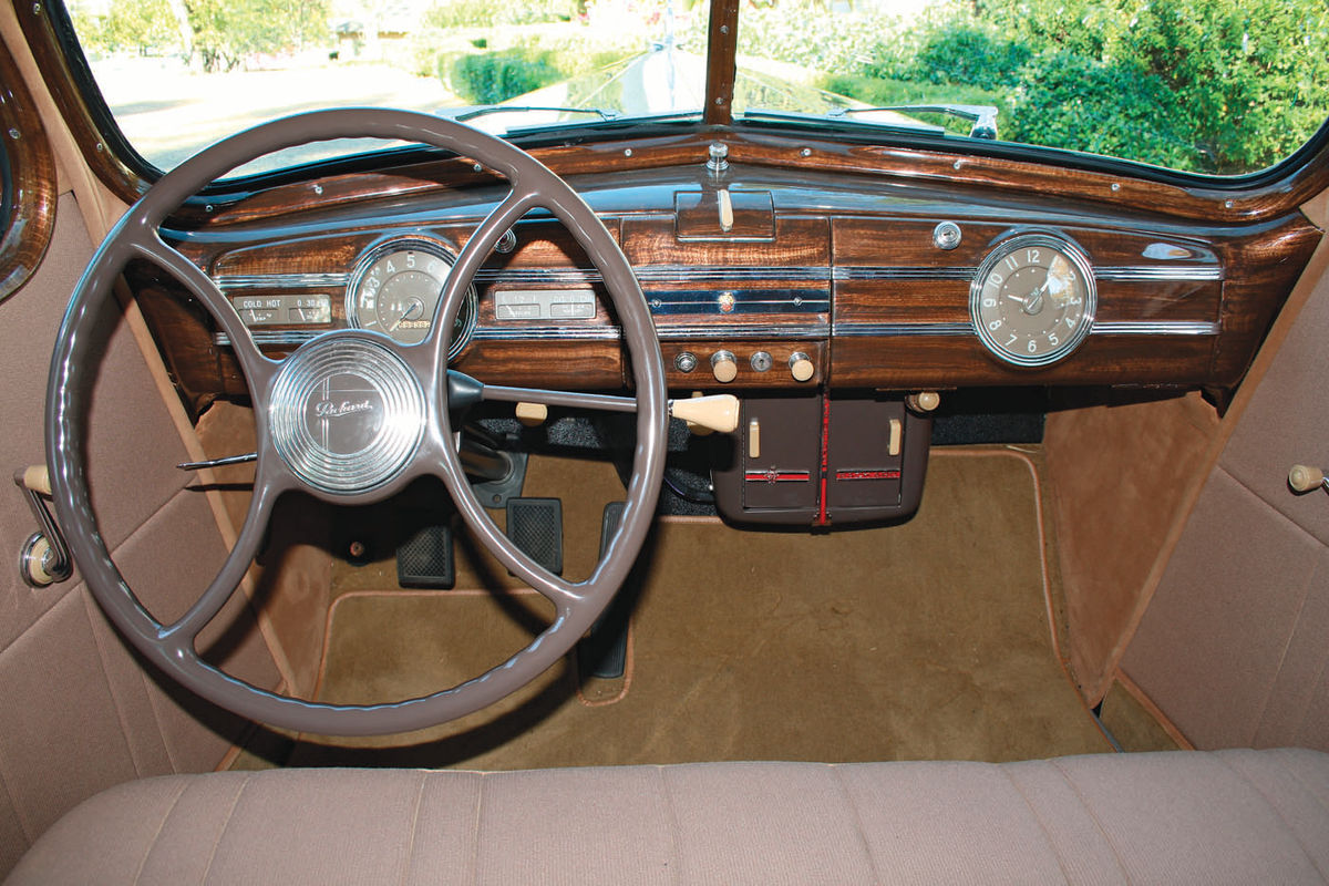 The H-pattern steering wheel was a rare accessory while the clock was a much more common option. The Super Deluxe heater (below the dash) was optional as well.