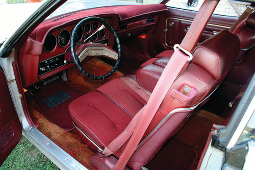 A choice of bucket seats or “twin-comfort lounge seats” was standard issue with the Cougar XR7. Vinyl as well as vinyl with leather also was offered. The cut-pile carpeting on our featured car is original though faded in places.