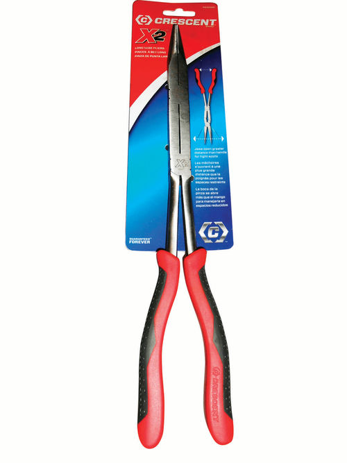These Crescent X2 extended reach needle nose pliers are 13.5” long and available from Home Depot.