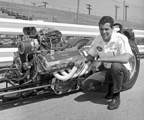 Don “Snake” Prudhomme with the Lou Baney– Prudhomme “Shelby Super Snake” fuel dragster