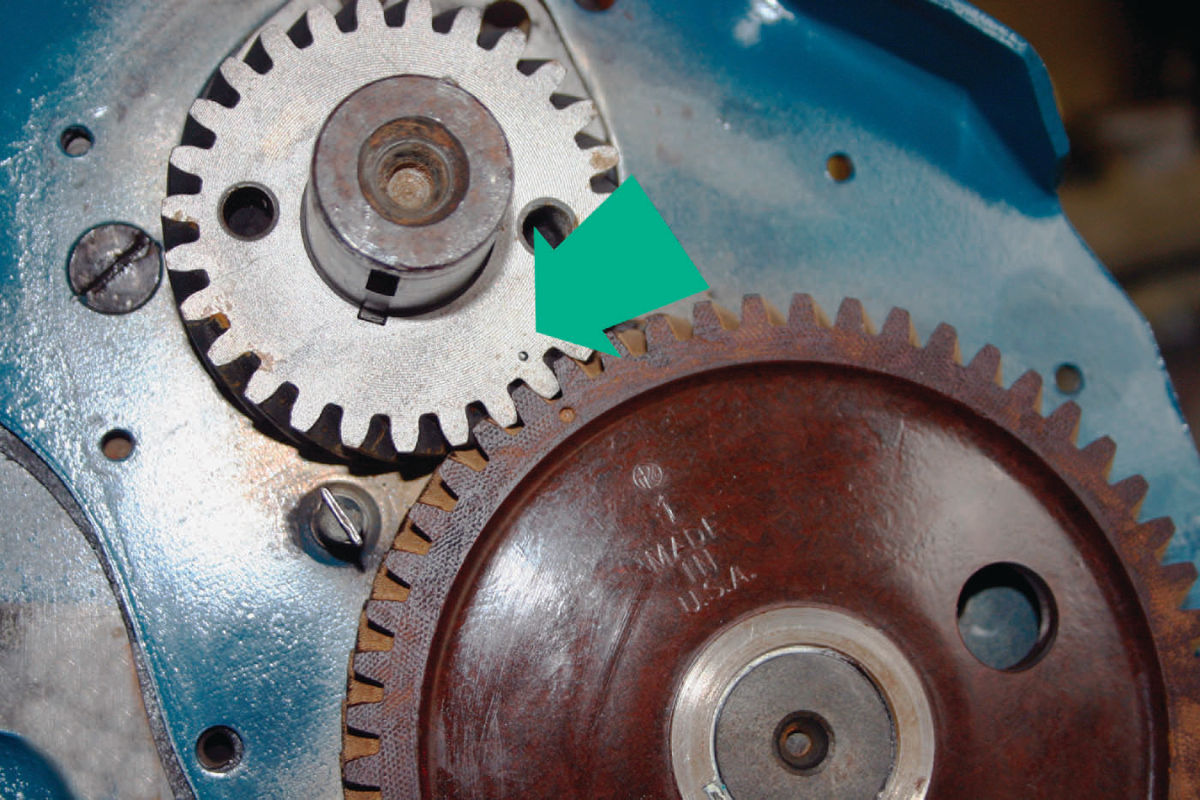 Cam rotates in the opposite direction of the crankshaft when meshed timing gears are used.