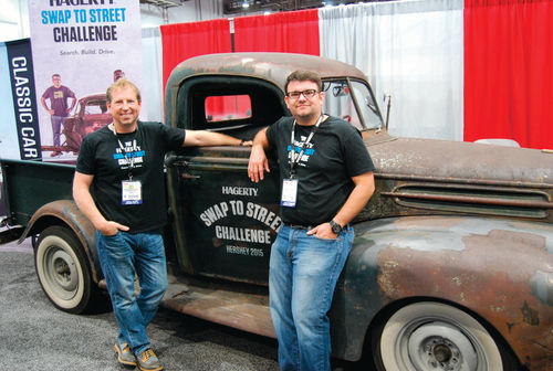 Davin Reckow (left) and Matt Lewis were half of the team that assembled the 1946 Ford pickup in four days using parts mostly sourced from swap meet vendors.