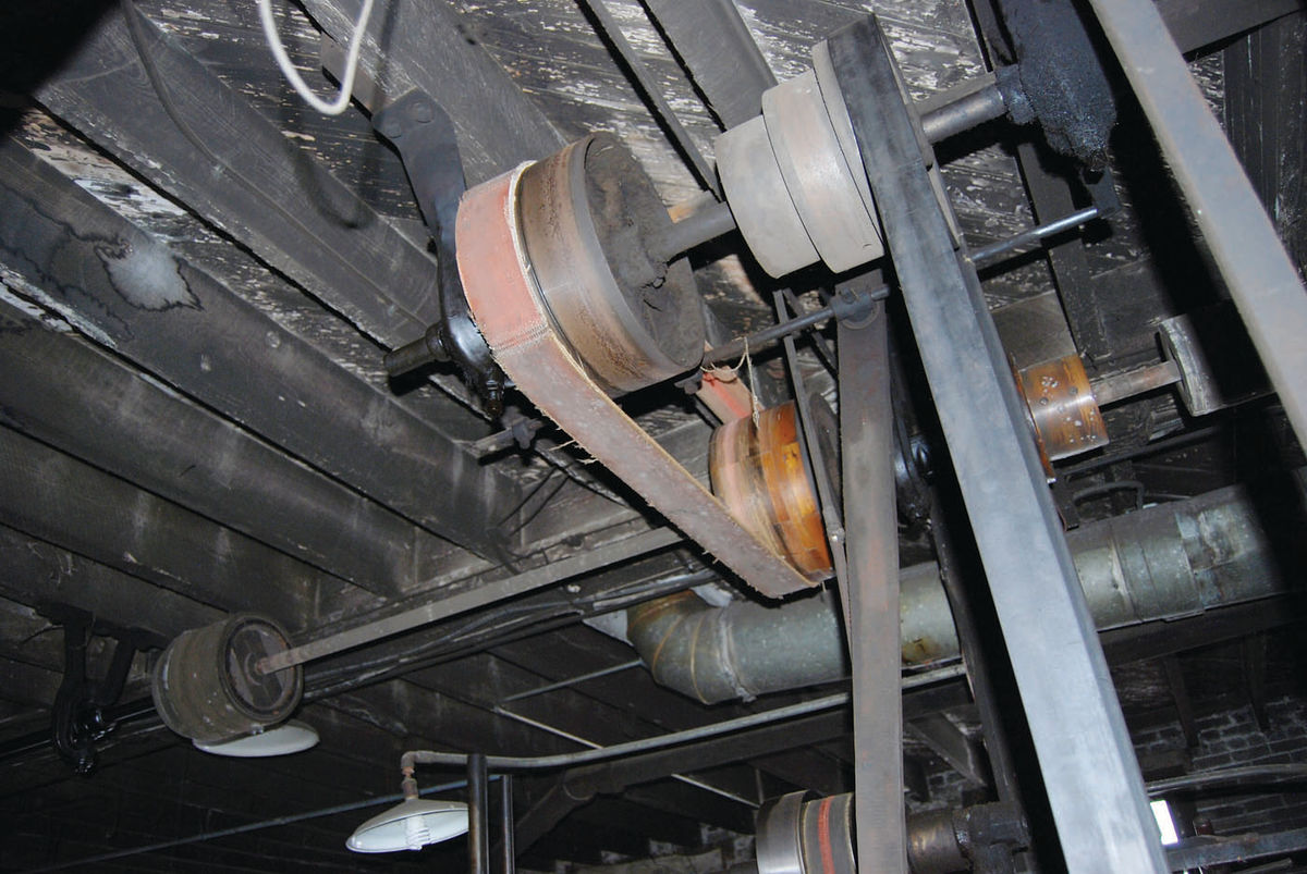 Leather drive pulleys run machines in old machine shop