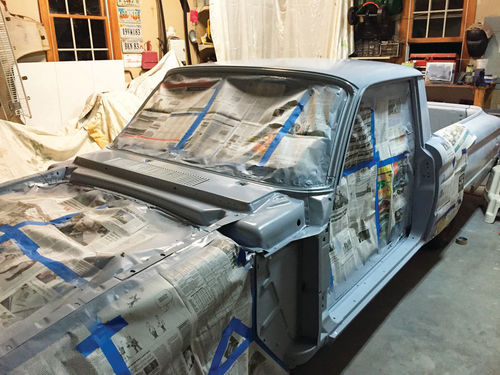 The Ranchero is shown in the primer stage with a fresh exterior on the way.