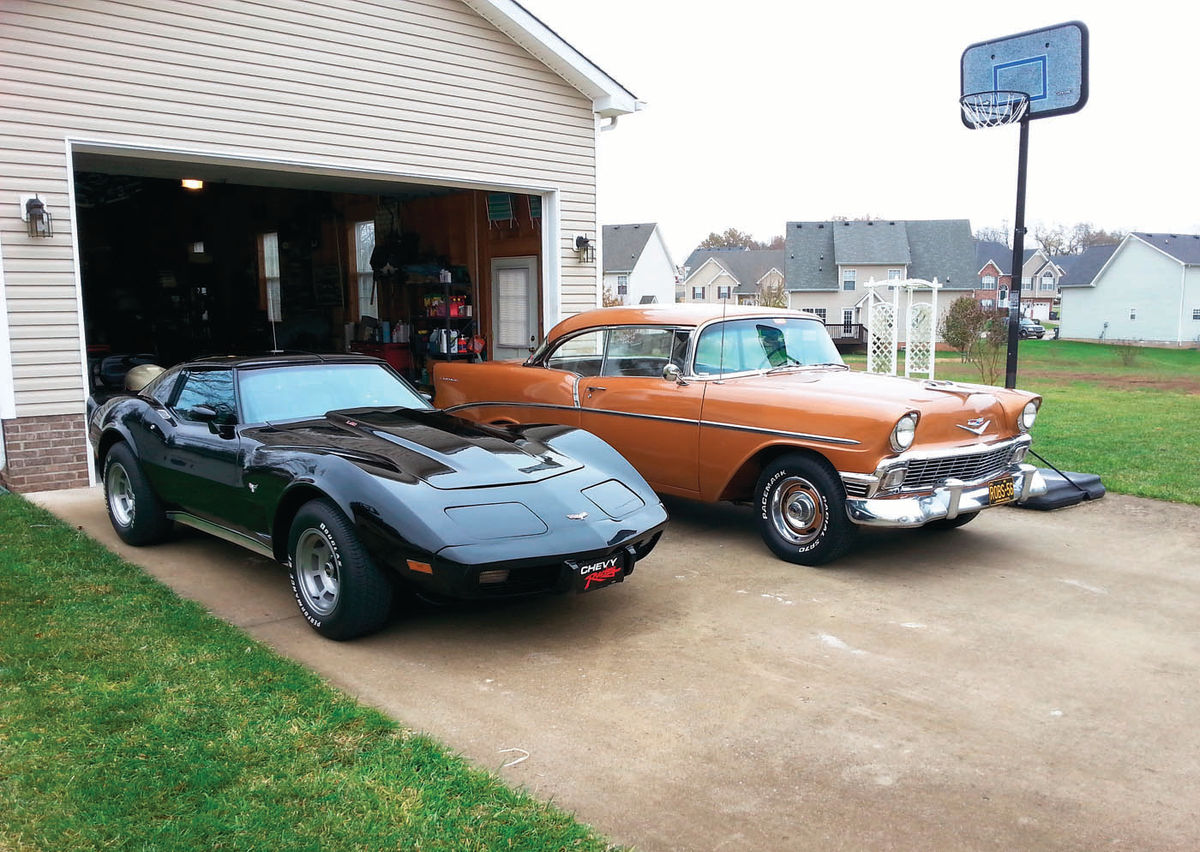 77 Corvette and ’56 Chevy hardtop.