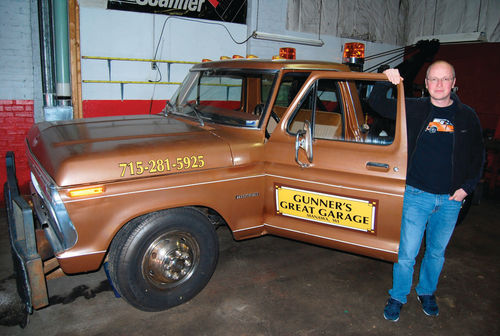 Josef appears ready to provide emergency road service with the Gunner’s Great Garage 1975 Ford Ready-Built wrecker, but it’s strictly a collectible now.