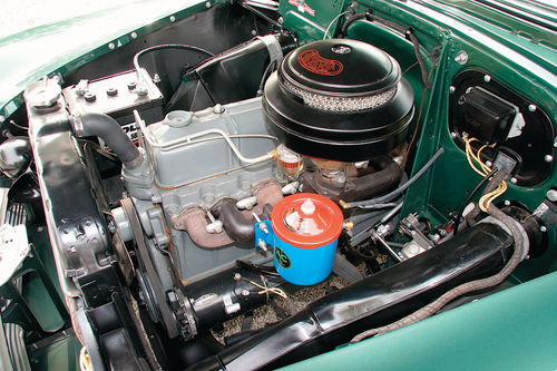 Chevrolet’s venerable 216 cid inline six was longlived and smooth. An accessory oil filter seen here helps to keep sludge under control.