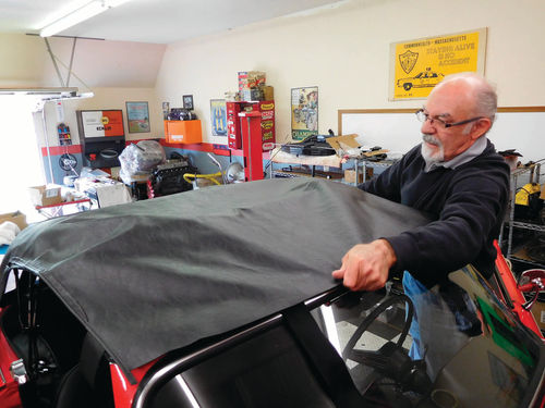 Getting the vinyl top into just the right position takes many trial fits and lots of patience. You can’t rush a convertible top install.