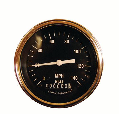 The GPS speedometer has a classic look with a black face and white markings. It reads speeds up to 140 mph which a stock MGB will never reach. It also has an odometer (but not a trip odometer).