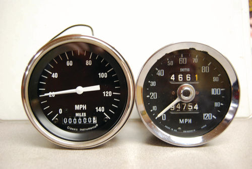 The Classic Instruments GPS speedometer (left) and the factory MGB speedometer. The original was a Smiths gauge made in the United Kingdom. In this case, the car’s owner was more interested in knowing his correct speed than in maintaining originality.