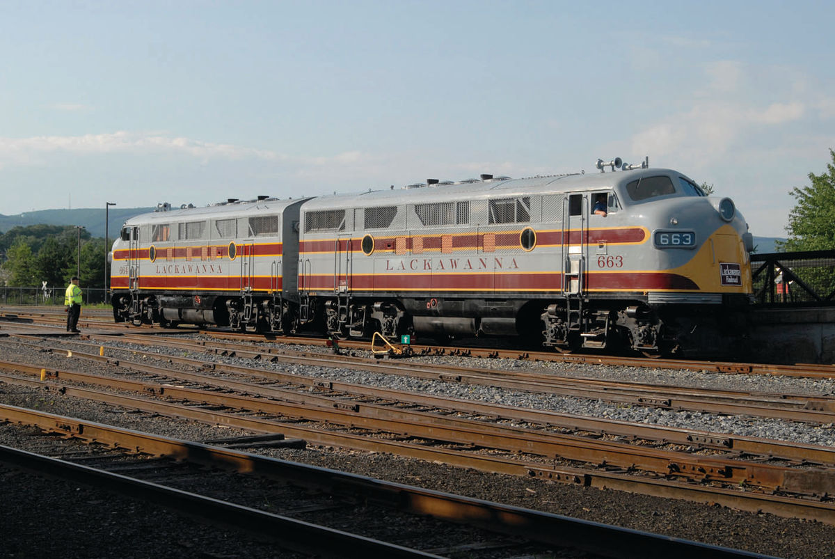 General Motors locomotives restored as Lackawanna 663 and 664 may not be as large as their modern counterparts, but the trainmen working with them show that size is a relative thing.