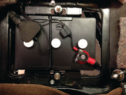 The completed battery conversion. Note that the battery looks similar to the orig - inal lead acid battery. Also note the battery master switch in the lower right corner.