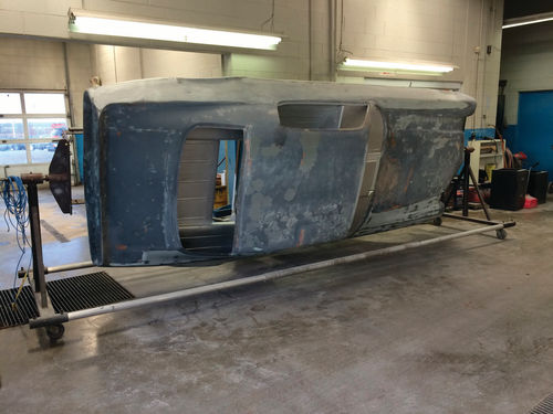 The ’70 Camaro’s body is on a rotisserie as the extensive body work begins.