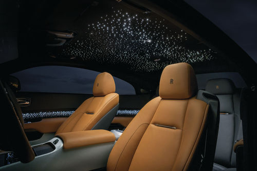 There’s “a hand-painted Sunburst Motif” at the top of the front fenders. Rolls says this roof liner complete with the night sky and shooting stars will provide “wonderment and awe for the car’s passengers.”