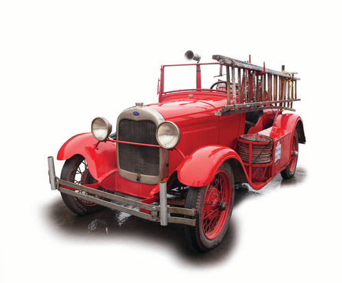 a 1929 Model A Ford fire truck exhibited by the Mennonite Heritage and Agricultural Museum (MHAM). The museum is located in Goessel, Kansas.