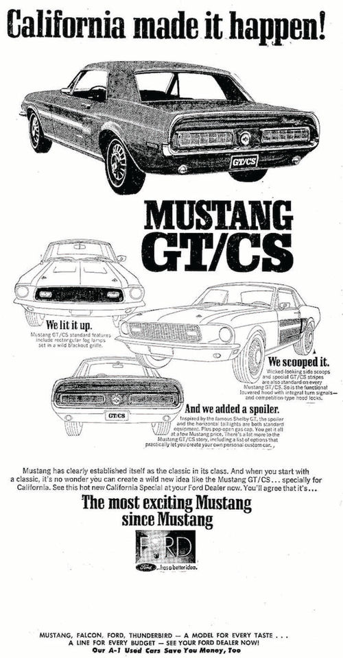 A newspaper ad for the original GT/CS makes it clear that “California made it happen!”