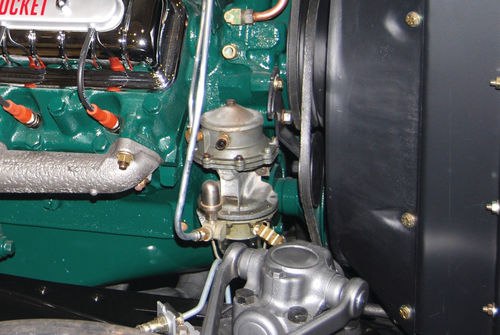 A combination fuel pump-vacuum pump like this one on an early Olds Rocket 88 V-8, can suck oil out of a crankcase if the diaphragm ruptures. This can lead to leaks.