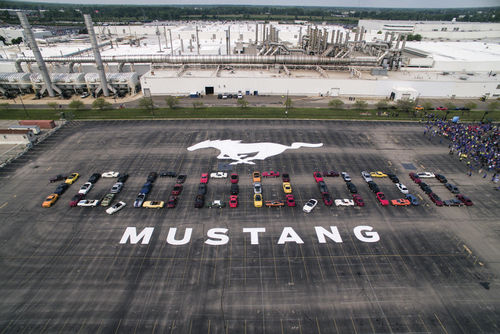 A collection of Mustangs form the milestone 10 million number at Ford’s Flat Rock, Michigan, assembly plant, the pony’s current home.
